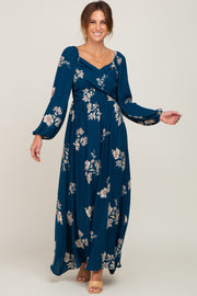 Dark Teal Floral Long Sleeve Wrap Dress