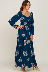 Dark Teal Floral Long Sleeve Wrap Dress