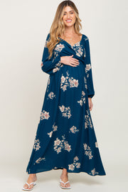 Dark Teal Floral Long Sleeve Maternity Wrap Dress