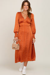 Rust Polka Dot V-Neck Satin Midi Dress