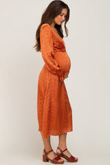 Rust Polka Dot V-Neck Satin Maternity Midi Dress