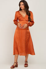 Rust Polka Dot V-Neck Satin Maternity Midi Dress