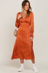 Rust Polka Dot V-Neck Satin Midi Dress