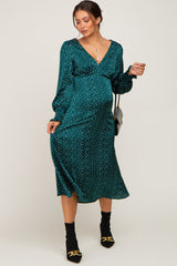 Forest Green Polka Dot V-Neck Satin Maternity Midi Dress