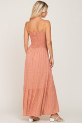 Peach Floral Sleeveless Smocked Maxi Dress