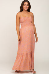 Peach Floral Sleeveless Smocked Maternity Maxi Dress