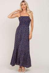 Navy Floral Sleeveless Smocked Maxi Dress