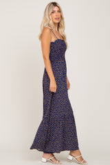 Navy Floral Sleeveless Smocked Maxi Dress