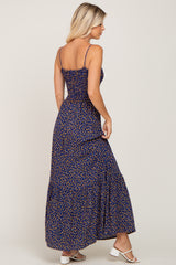 Navy Floral Sleeveless Smocked Maxi Dress