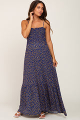 Navy Floral Sleeveless Smocked Maternity Maxi Dress