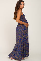 Navy Floral Sleeveless Smocked Maternity Maxi Dress