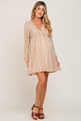 Beige Printed V-Neck Long Sleeve Maternity Dress