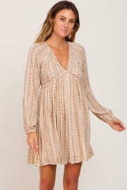 Beige Printed V-Neck Long Sleeve Dress