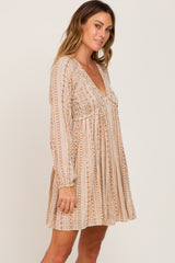 Beige Printed V-Neck Long Sleeve Dress