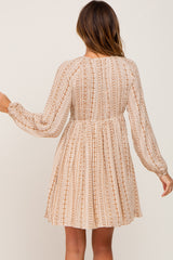 Beige Printed V-Neck Long Sleeve Dress