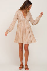 Beige Printed V-Neck Long Sleeve Dress