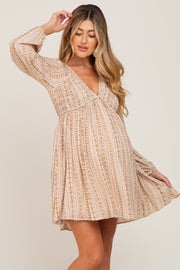 Beige Printed V-Neck Long Sleeve Maternity Dress