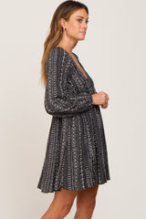 Black Printed V-Neck Long Sleeve Dress