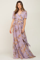 Lavender Floral Chiffon Wrap Front Short Sleeve Maternity Maxi Dress