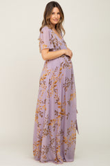 Lavender Floral Chiffon Wrap Front Short Sleeve Maternity Maxi Dress