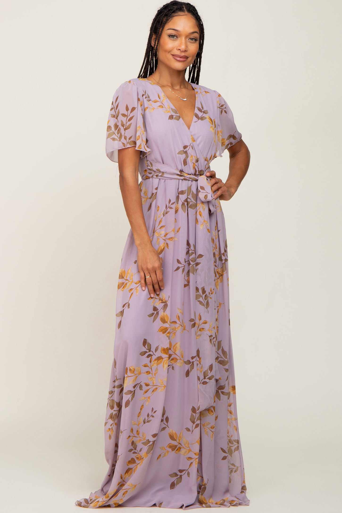 Lavender Floral Chiffon Wrap Front Short Sleeve Maternity Maxi Dress ...
