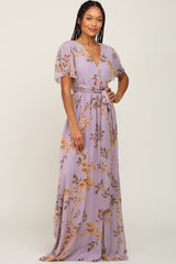 Lavender Floral Chiffon Wrap Front Short Sleeve Maternity Maxi Dress