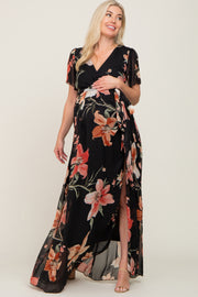 Black Floral Chiffon Wrap Front Short Sleeve Maternity Maxi Dress