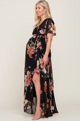 Black Floral Chiffon Wrap Front Short Sleeve Maternity Maxi Dress