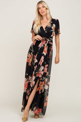 Black Floral Chiffon Wrap Front Short Sleeve Maternity Maxi Dress