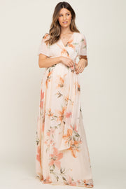 Cream Floral Chiffon Wrap Front Short Sleeve Maternity Maxi Dress