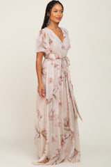 Beige Floral Chiffon Wrap Front Short Sleeve Maxi Dress