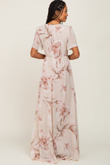 Beige Floral Chiffon Wrap Front Short Sleeve Maxi Dress