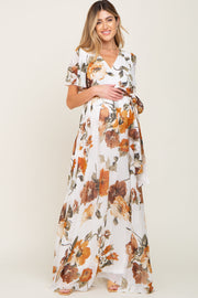 White Floral Chiffon Wrap Front Short Sleeve Maternity Maxi Dress