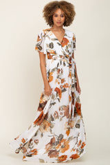 White Floral Chiffon Wrap Front Short Sleeve Maxi Dress