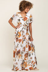 White Floral Chiffon Wrap Front Short Sleeve Maxi Dress