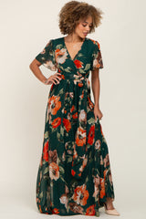 Forest Green Floral Chiffon Wrap Front Short Sleeve Maxi Dress