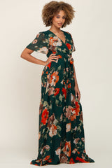 Forest Green Floral Chiffon Wrap Front Short Sleeve Maxi Dress