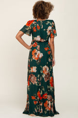 Forest Green Floral Chiffon Wrap Front Short Sleeve Maxi Dress