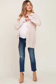 Beige Knit Frayed Button Down Maternity Cardigan