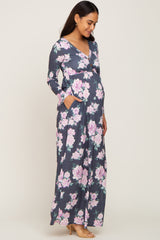 Charcoal Floral Button Front Maternity Maxi Dress