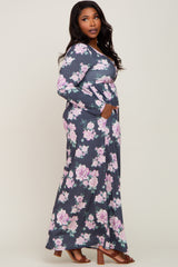 Charcoal Floral Button Front Plus Maxi Dress