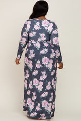 Charcoal Floral Button Front Plus Maxi Dress