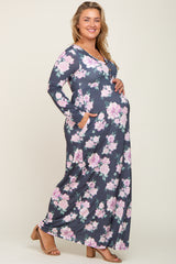 Charcoal Floral Button Front Maternity Plus Maxi Dress