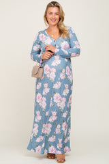 Blue Floral Button Front Maternity Plus Maxi Dress