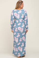 Blue Floral Button Front Maternity Plus Maxi Dress