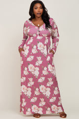 Mauve Floral Button Front Maternity Plus Maxi Dress