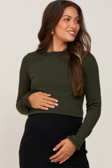 Olive Ribbed Ruffle Neck Long Sleeve Maternity Top