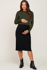 Olive Ribbed Ruffle Neck Long Sleeve Maternity Top