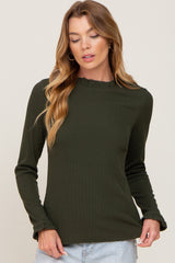 Olive Ribbed Ruffle Neck Long Sleeve Top