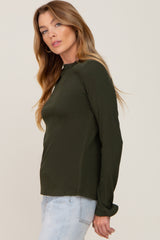 Olive Ribbed Ruffle Neck Long Sleeve Top